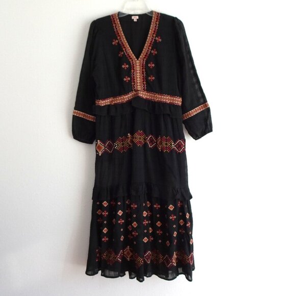 Reba Dresses & Skirts - Reba Embroidered Dress Women's Size 10 Black Ruffle Tiered V-Neck Midi Boho